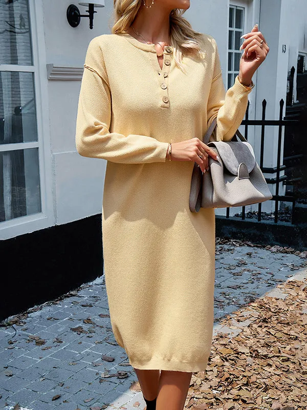 Buttoned Long Sleeves Loose Round-Neck Sweater Dresses Midi Dresses