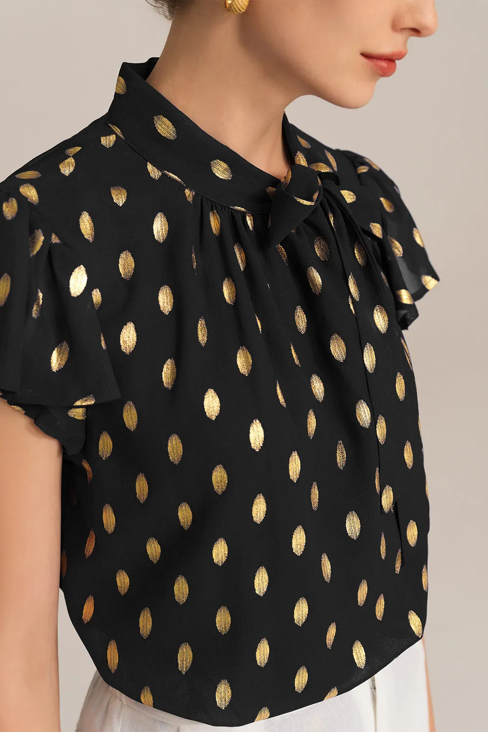 Casual Hot Stamping Short Sleeve Stand Collar Pullover Tops - Black