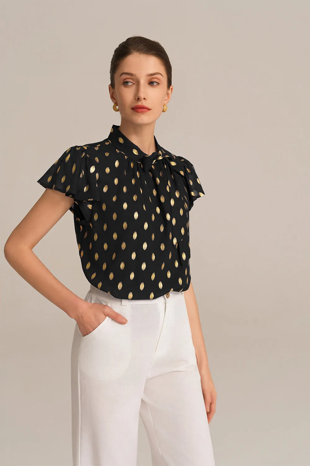 Casual Hot Stamping Short Sleeve Stand Collar Pullover Tops - Black