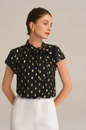 Casual Hot Stamping Short Sleeve Stand Collar Pullover Tops - Black