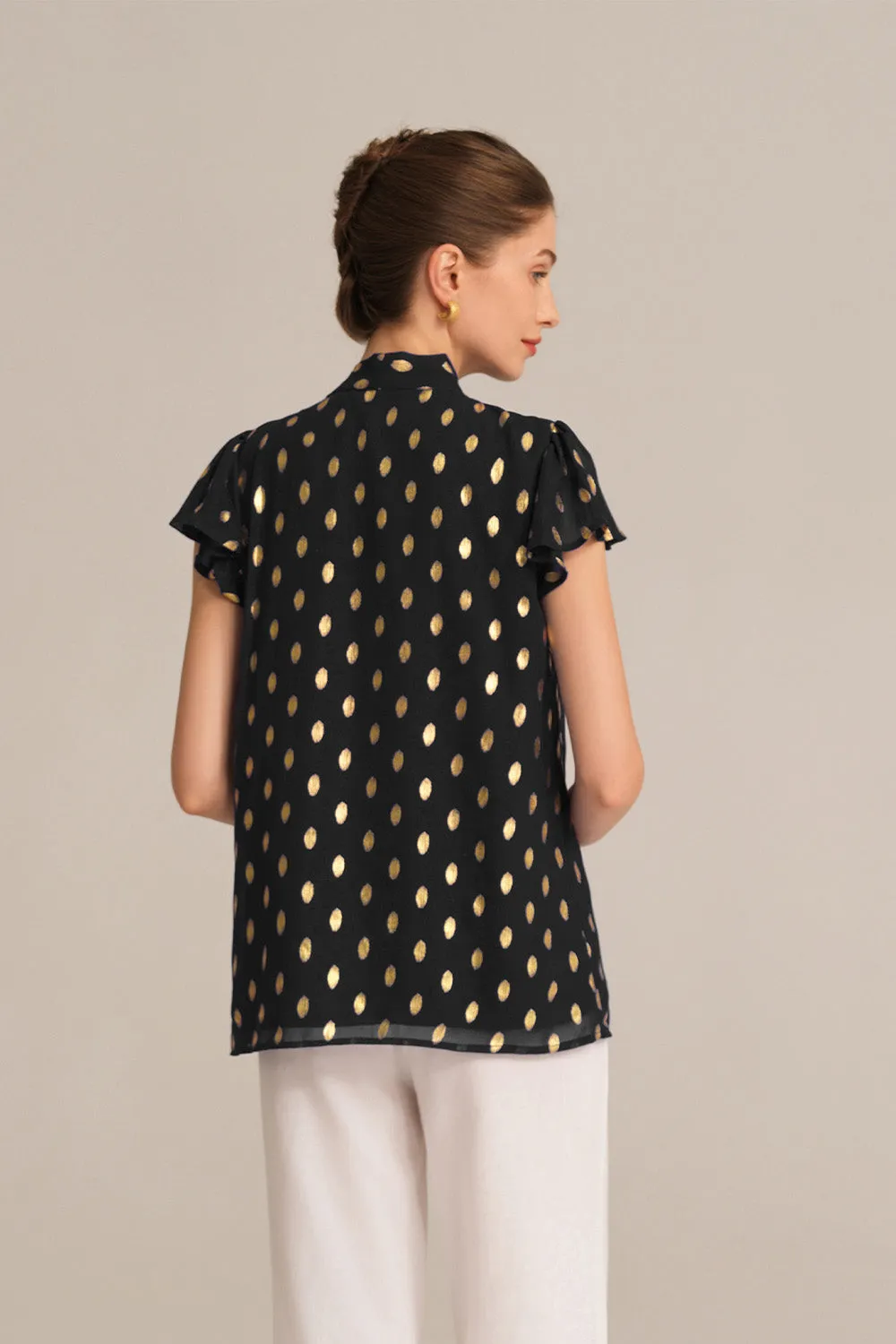 Casual Hot Stamping Short Sleeve Stand Collar Pullover Tops - Black