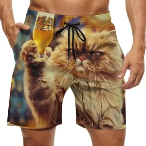 Cat With Beer at The Bar Men's Swim Trunks Quick Dry Board Shorts Breathable Summer Beach Shorts Bathing Suits