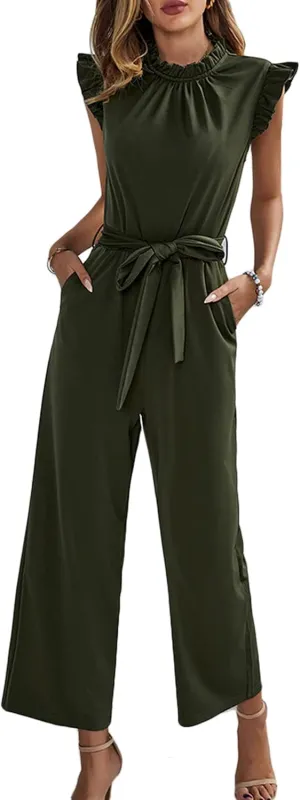 CHARTOU Women's Elegant Work Office Pleated Wide Leg Pants Jumpsuit with Pockets Romper Outfits