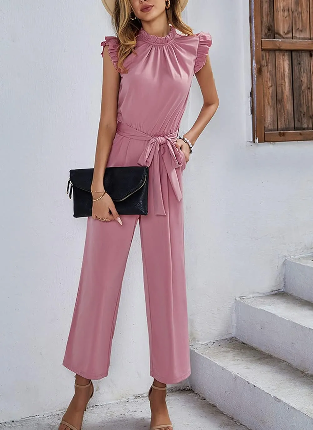 CHARTOU Women's Elegant Work Office Pleated Wide Leg Pants Jumpsuit with Pockets Romper Outfits