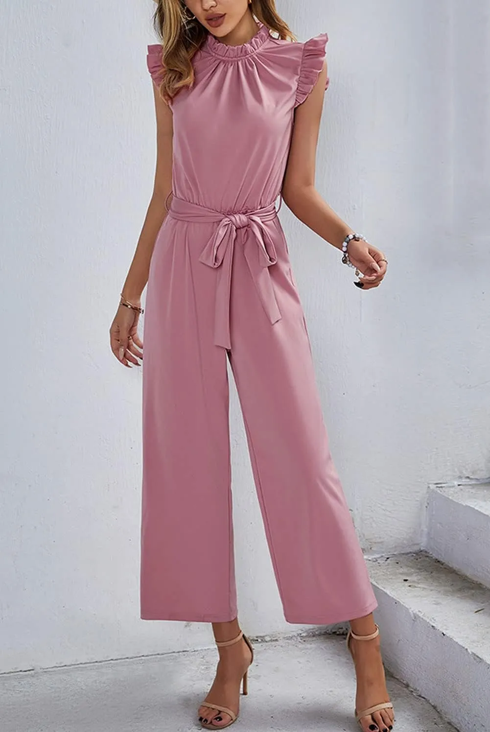 CHARTOU Women's Elegant Work Office Pleated Wide Leg Pants Jumpsuit with Pockets Romper Outfits