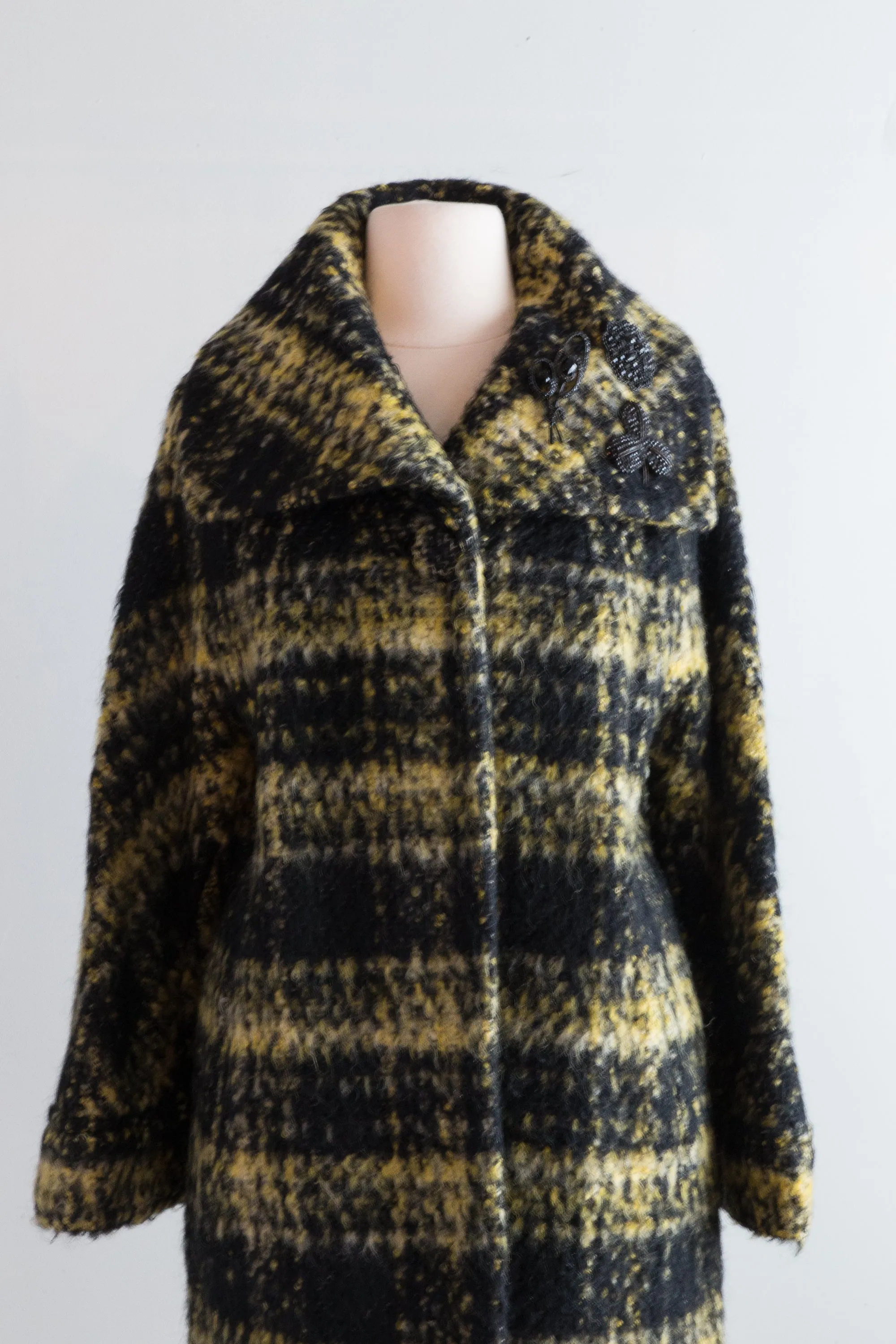 Chic 1960's Taxi Cab Mohair Plaid Cocoon Coat / Medium
