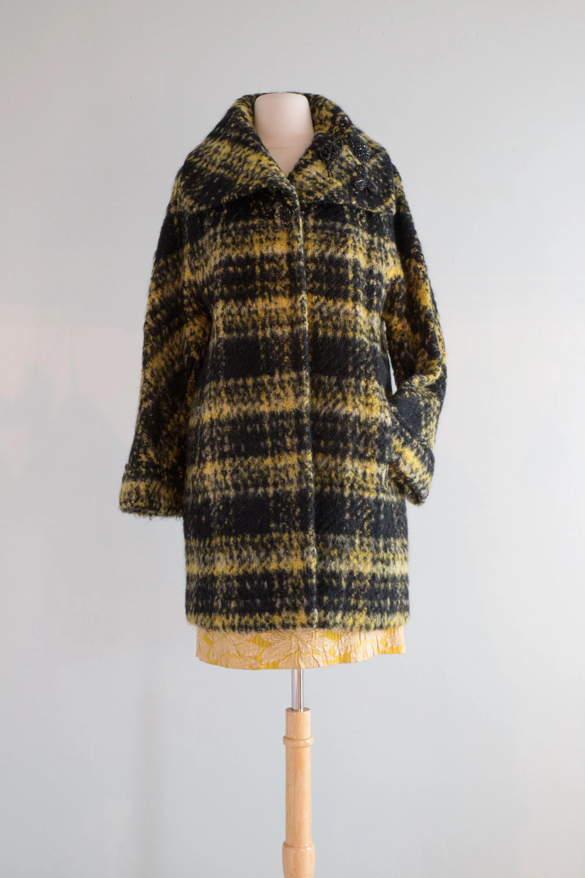 Chic 1960's Taxi Cab Mohair Plaid Cocoon Coat / Medium
