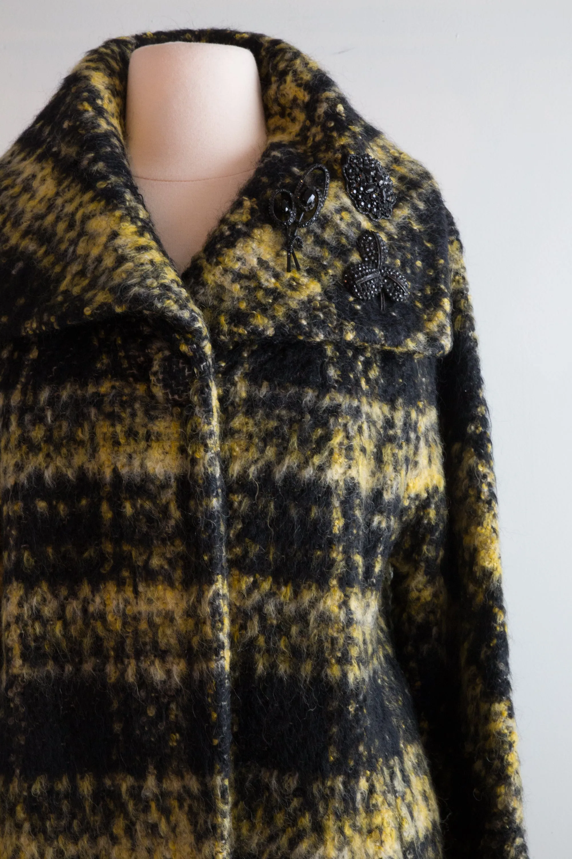 Chic 1960's Taxi Cab Mohair Plaid Cocoon Coat / Medium