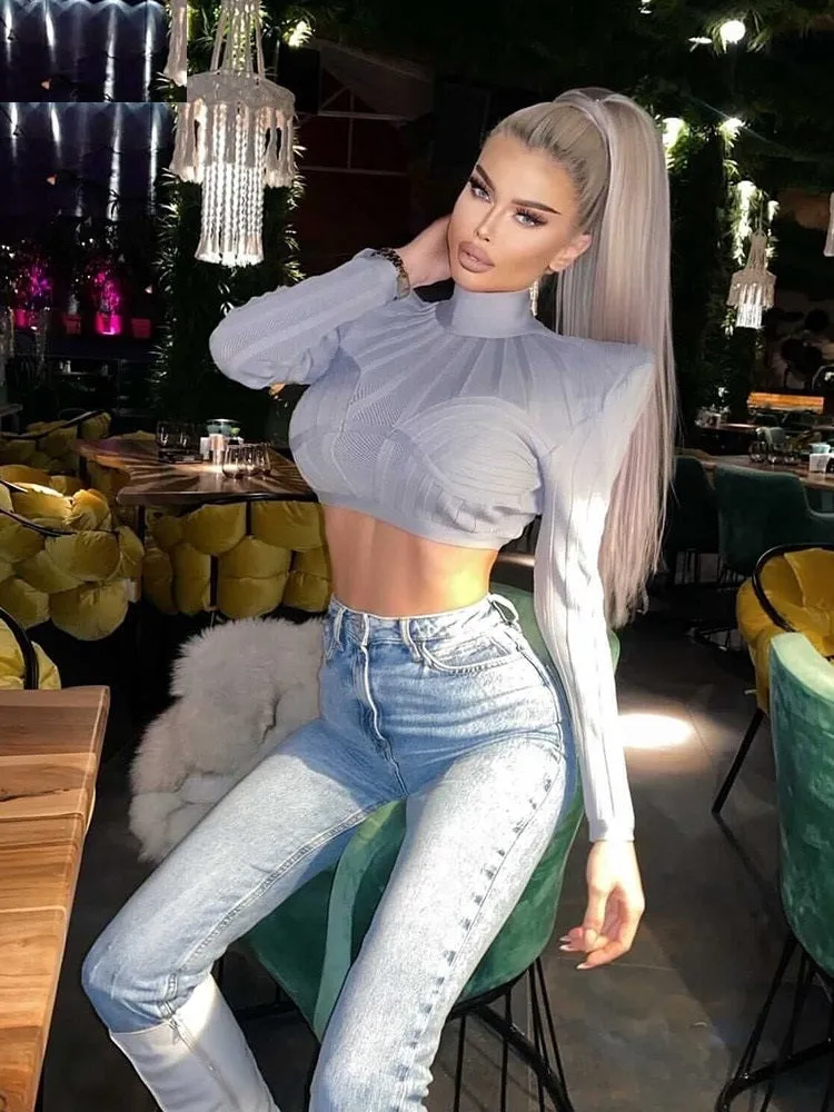 Chic Gorgeous Jacquard Striped Splicing Design Long Sleeves Celebrity Party Club Bandage Crop Tops
