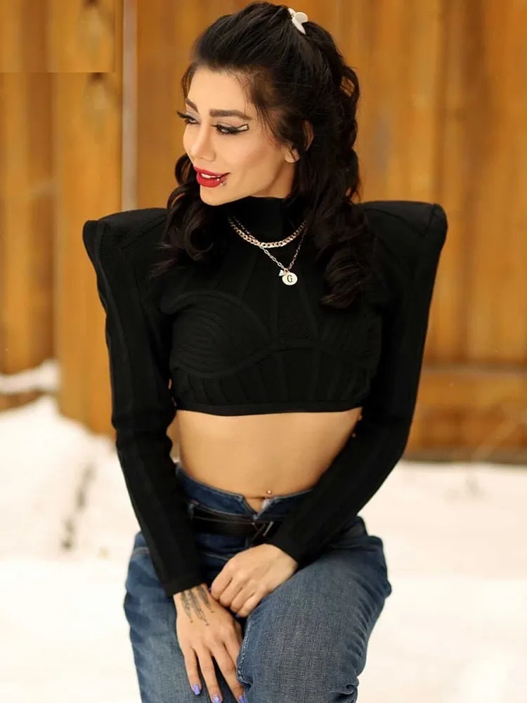 Chic Gorgeous Jacquard Striped Splicing Design Long Sleeves Celebrity Party Club Bandage Crop Tops