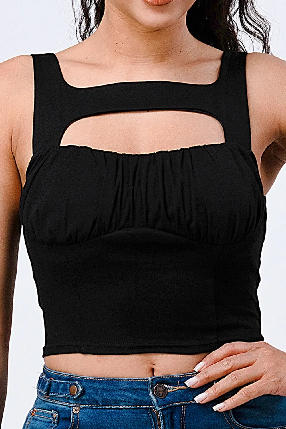 CHIC H STRAPCUTOUT SHIRRING COTTON CROP TOP