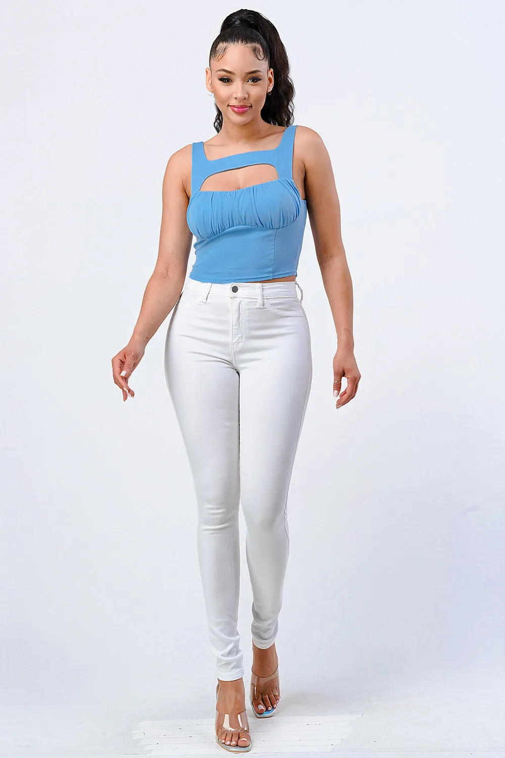 CHIC H STRAPCUTOUT SHIRRING COTTON CROP TOP