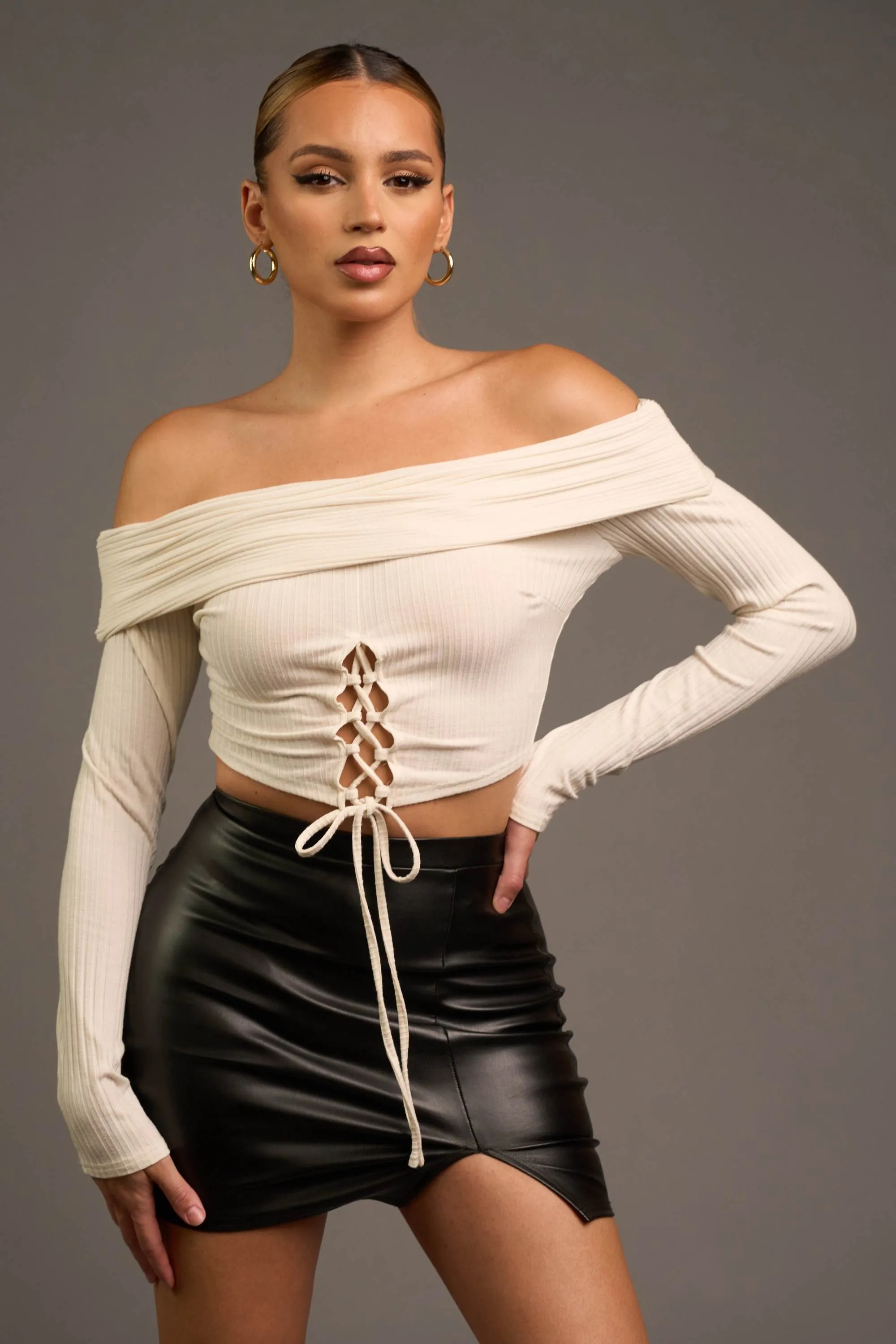 CHIC RIB KNIT DRAWSTRING LACE UP OFF SHOULDER TOP