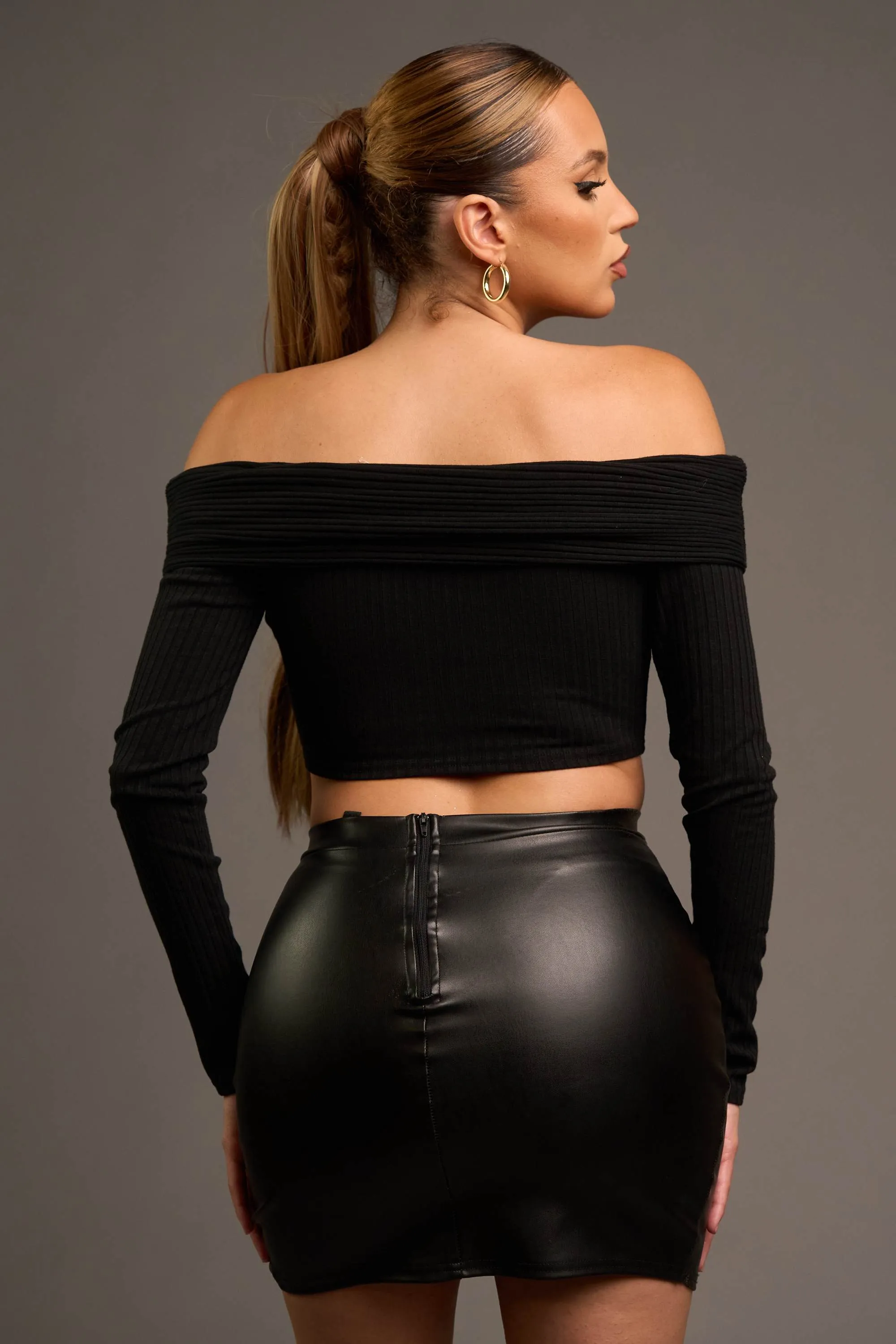 CHIC RIB KNIT DRAWSTRING LACE UP OFF SHOULDER TOP