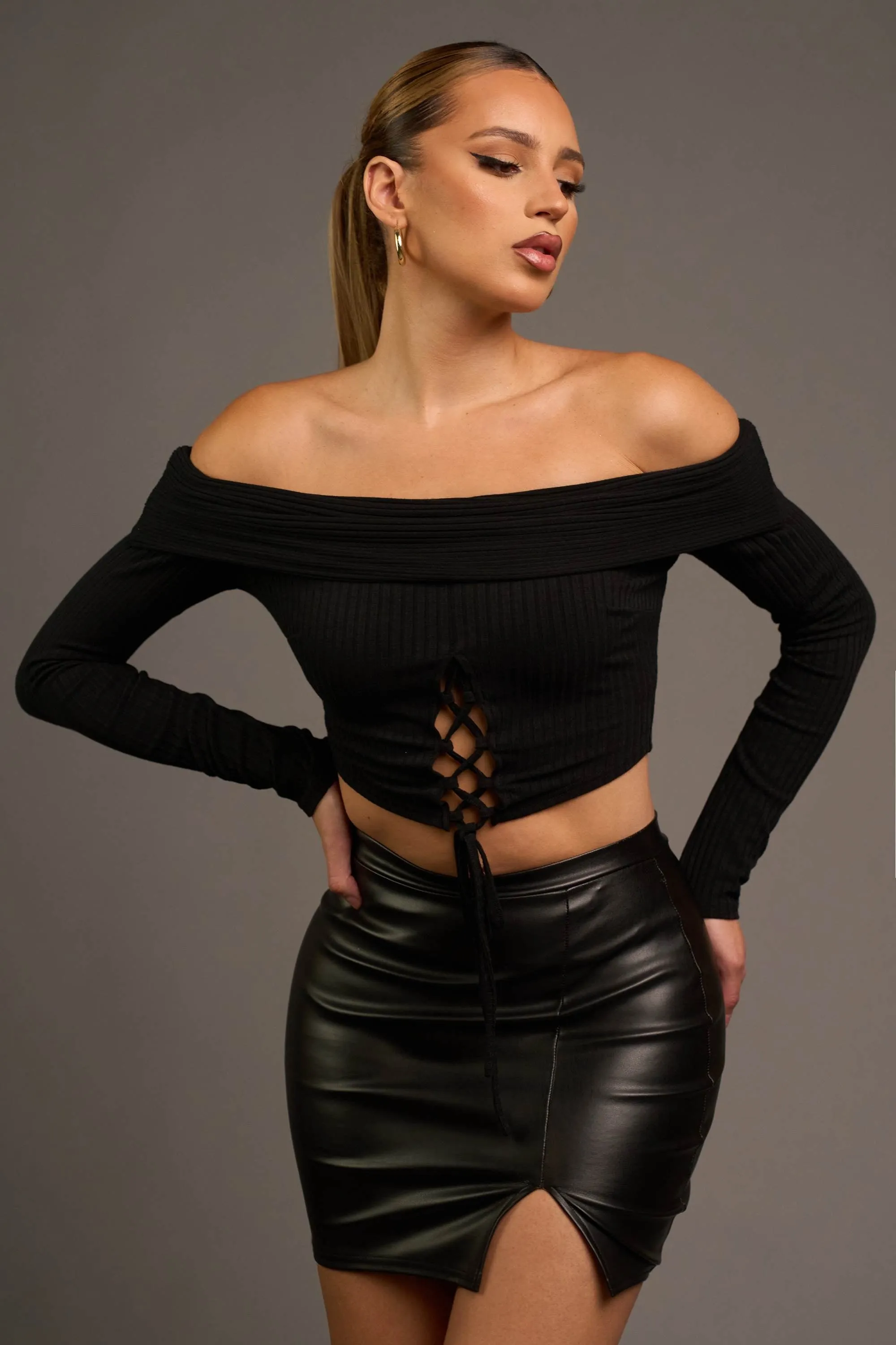CHIC RIB KNIT DRAWSTRING LACE UP OFF SHOULDER TOP