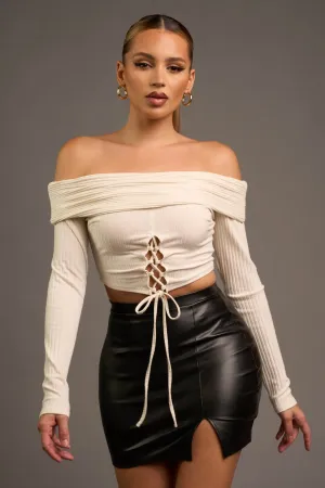 CHIC RIB KNIT DRAWSTRING LACE UP OFF SHOULDER TOP