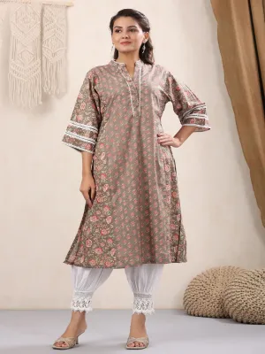 Chocolate Floral Printed Cotton Kurta Only