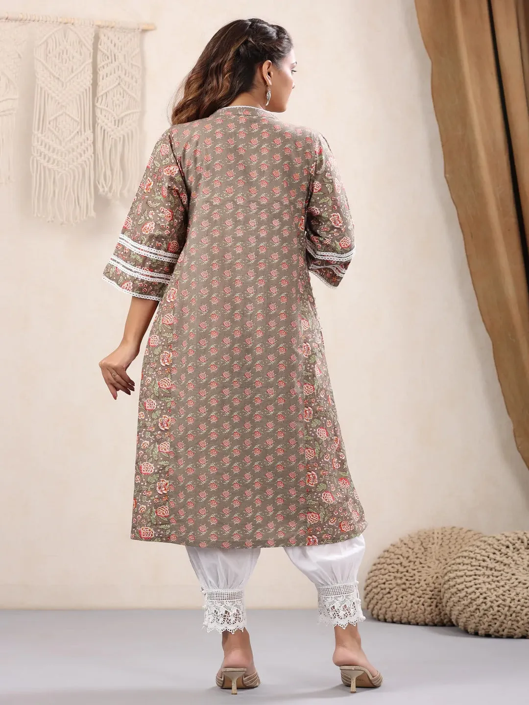 Chocolate Floral Printed Cotton Kurta Only