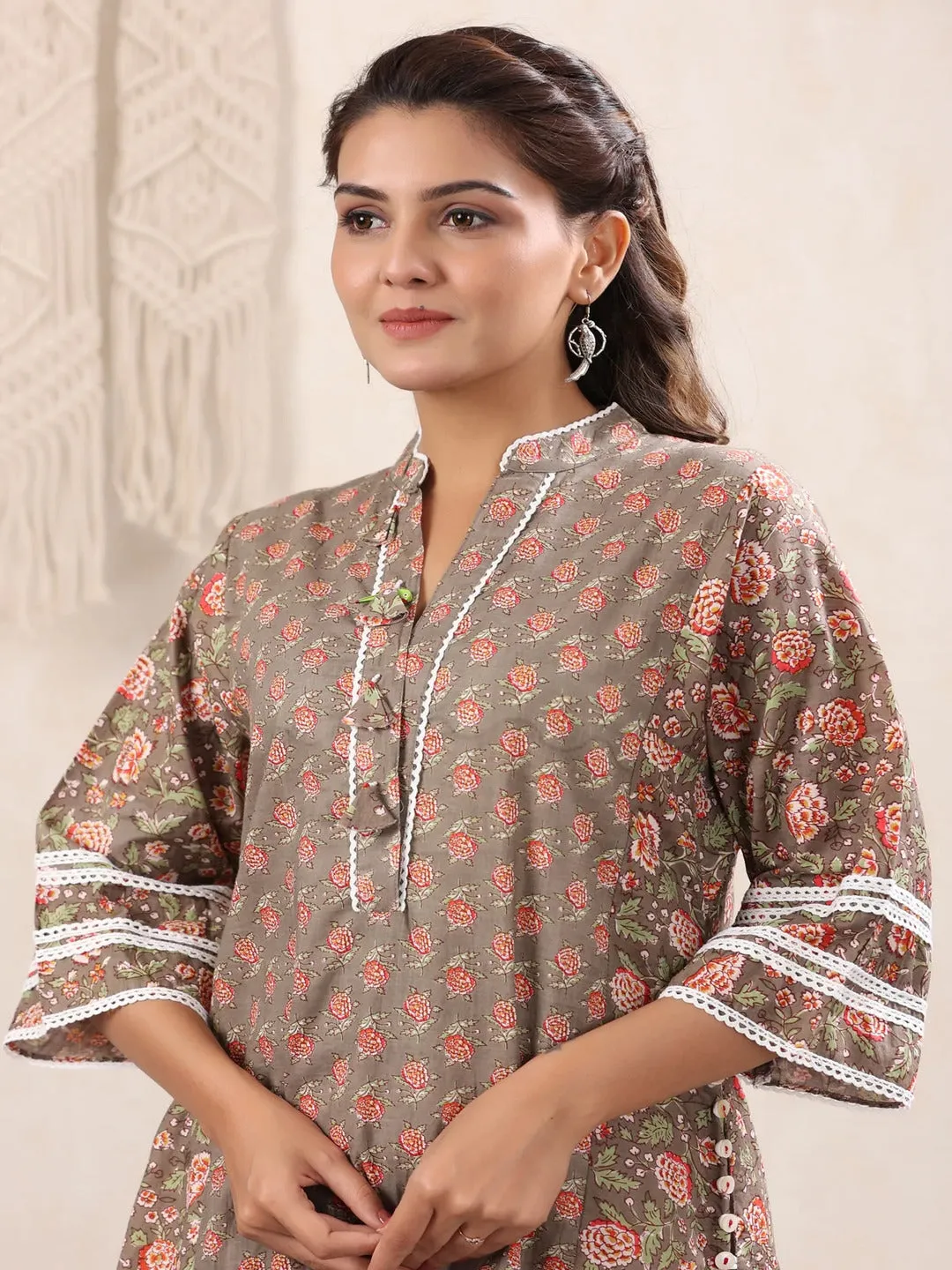Chocolate Floral Printed Cotton Kurta Only