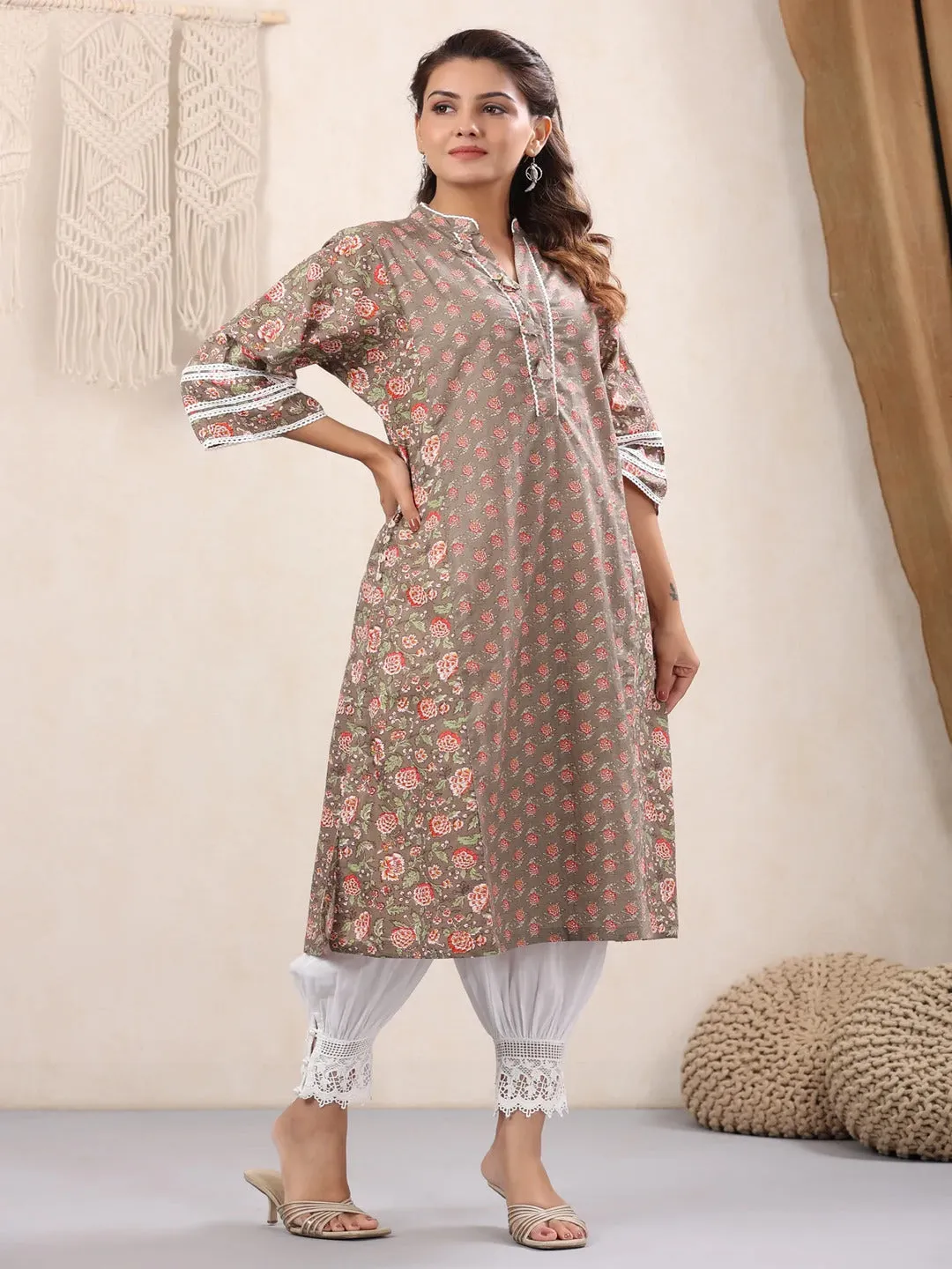 Chocolate Floral Printed Cotton Kurta Only