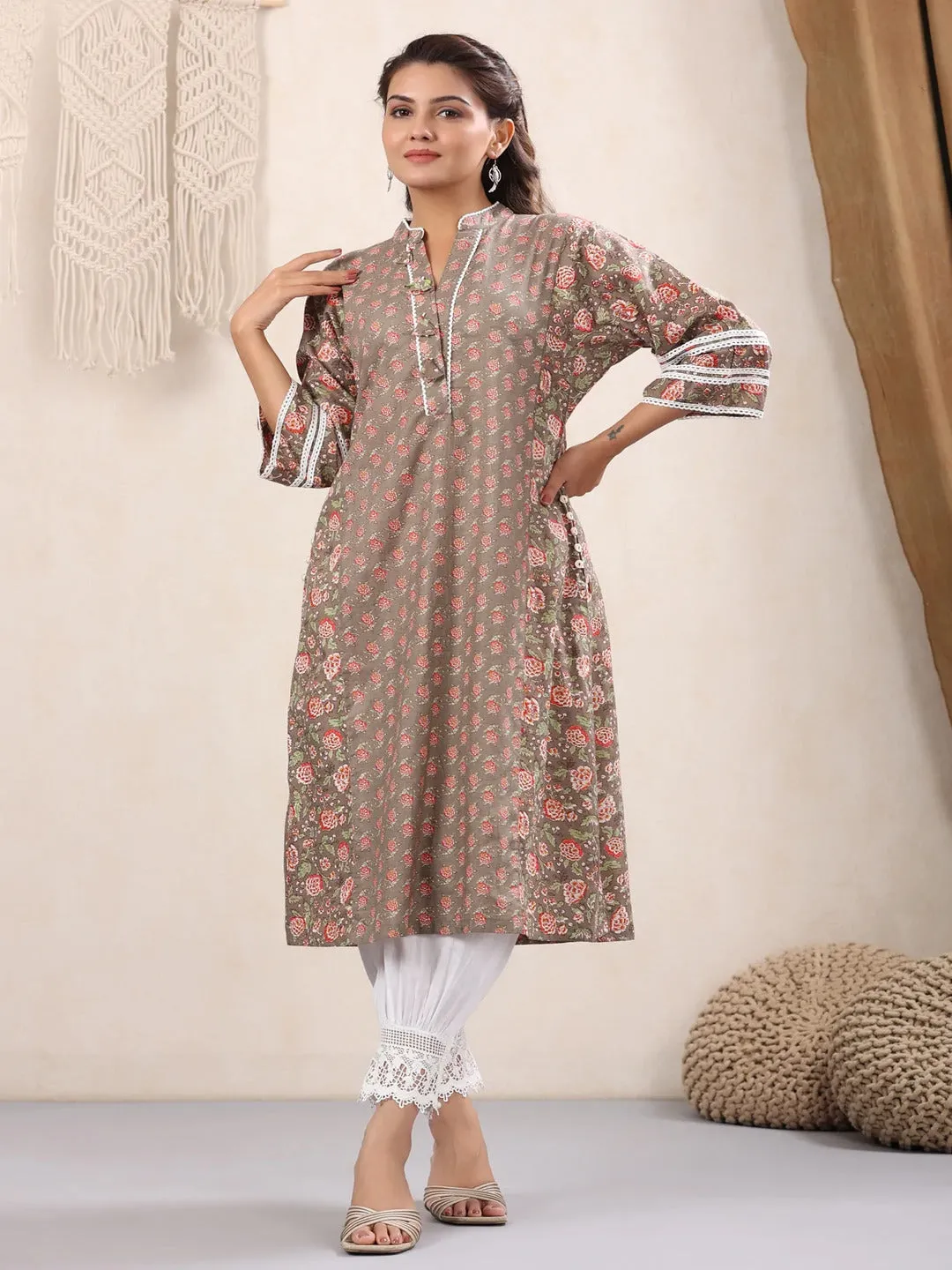Chocolate Floral Printed Cotton Kurta Only