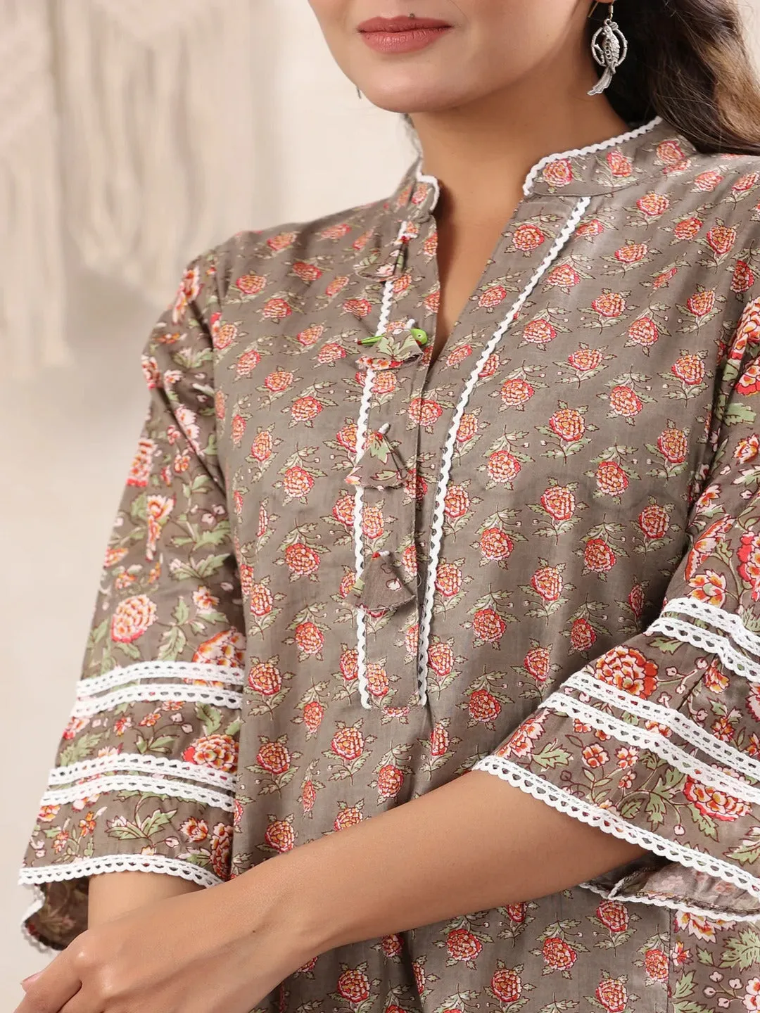 Chocolate Floral Printed Cotton Kurta Only