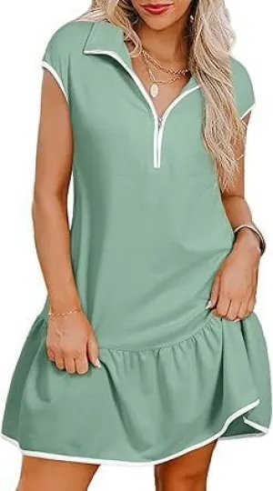 Chvity Women Dresses Fashion Colorblock Casual Cap Sleeve Half Zip Mini Dress with Pockets