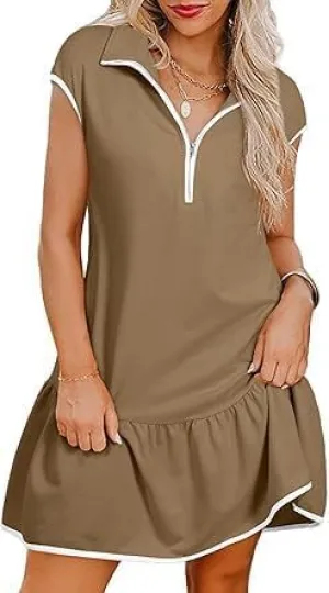 Chvity Women Dresses Fashion Colorblock Casual Cap Sleeve Half Zip Mini Dress with Pockets