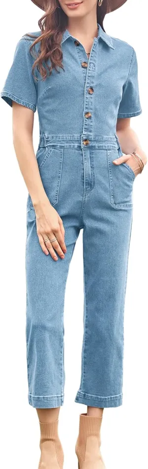 Cicy Bell Women's Short Sleeve Denim Jumpsuits Elastic Waist Cropped Capri Jeans Rompers