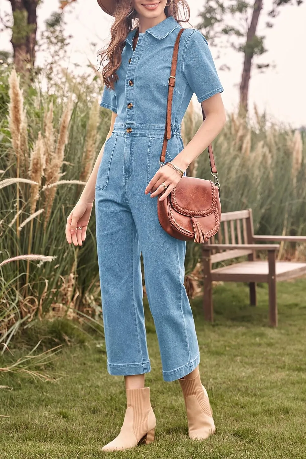 Cicy Bell Women's Short Sleeve Denim Jumpsuits Elastic Waist Cropped Capri Jeans Rompers