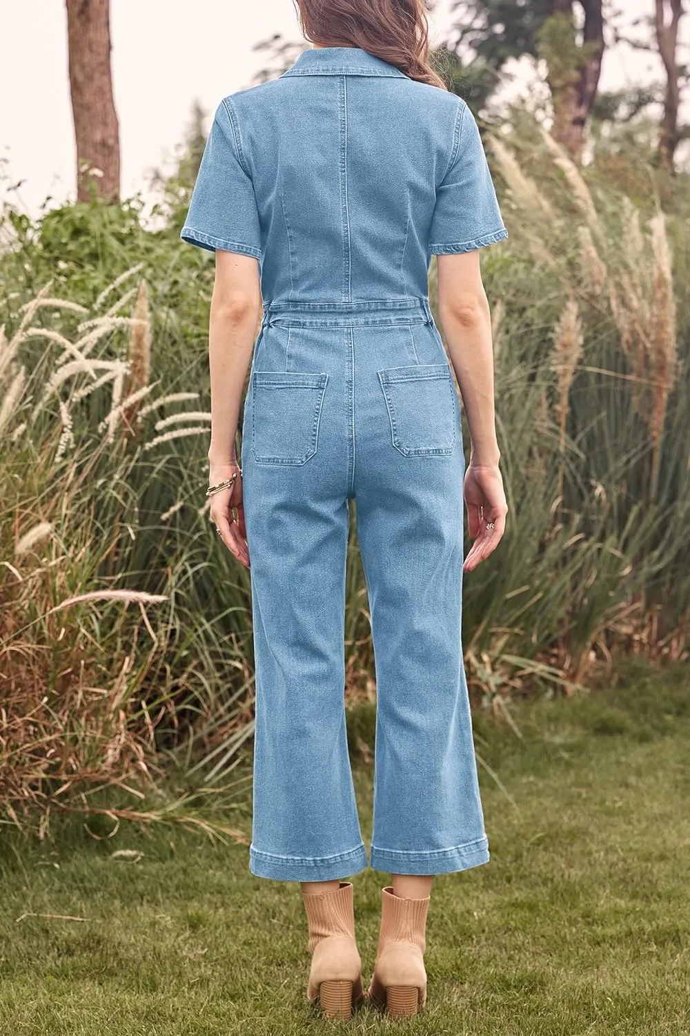 Cicy Bell Women's Short Sleeve Denim Jumpsuits Elastic Waist Cropped Capri Jeans Rompers