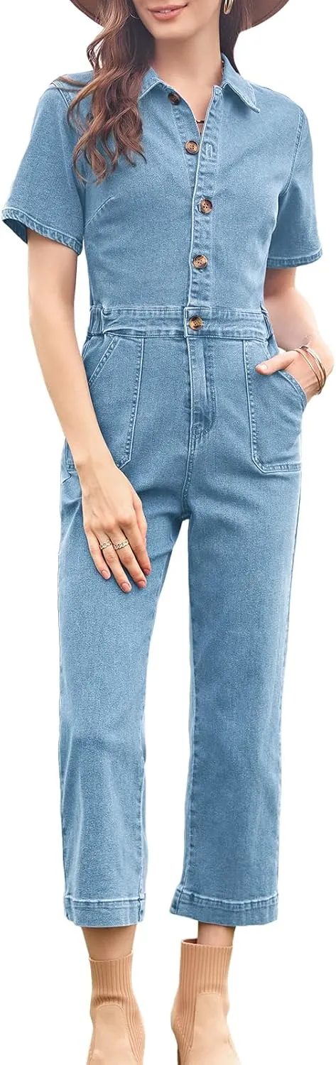 Cicy Bell Women's Short Sleeve Denim Jumpsuits Elastic Waist Cropped Capri Jeans Rompers