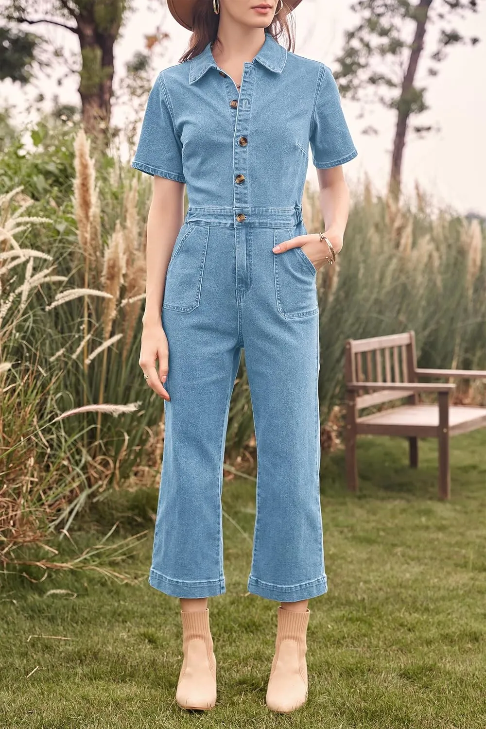 Cicy Bell Women's Short Sleeve Denim Jumpsuits Elastic Waist Cropped Capri Jeans Rompers