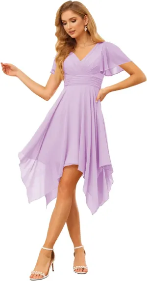 Clothfun V Neck Short Bridesmaid Dresses with Sleeves Ruched Chiffon A-Line Cocktail Dress for Women with Pockets