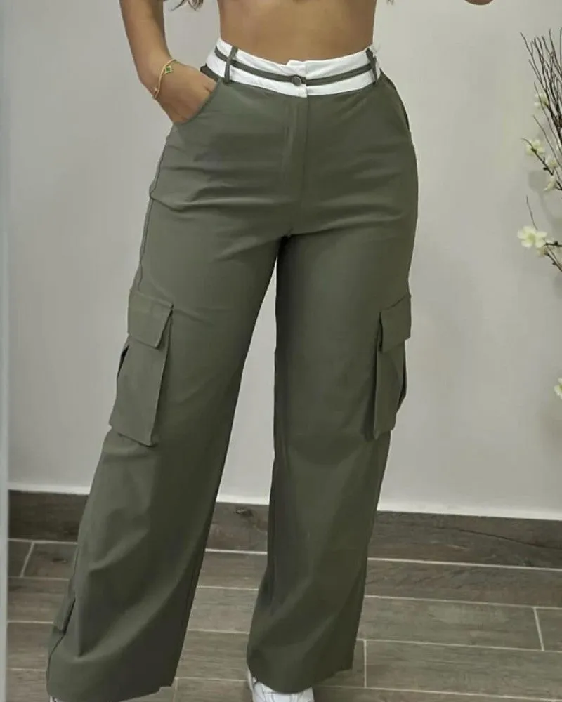 Colorblock Waist Pocket Design Active Pants Casual Straight Leg Cargo Pants