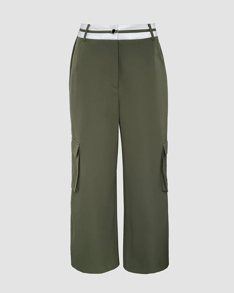 Colorblock Waist Pocket Design Active Pants Casual Straight Leg Cargo Pants