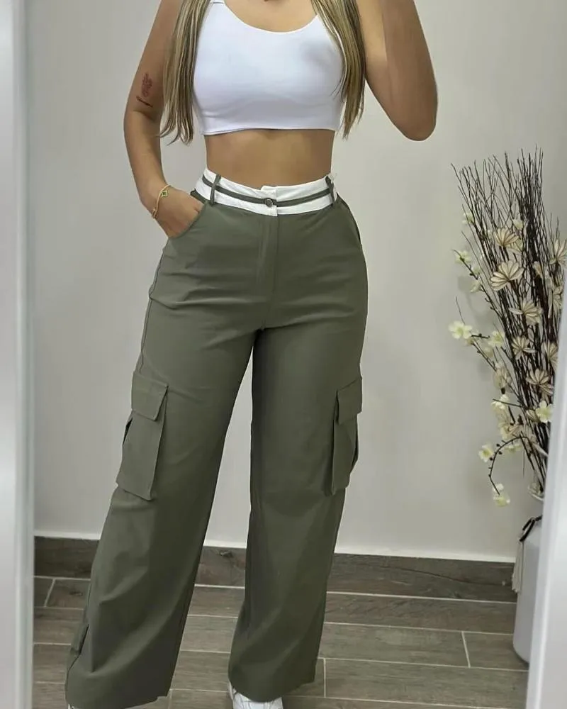 Colorblock Waist Pocket Design Active Pants Casual Straight Leg Cargo Pants