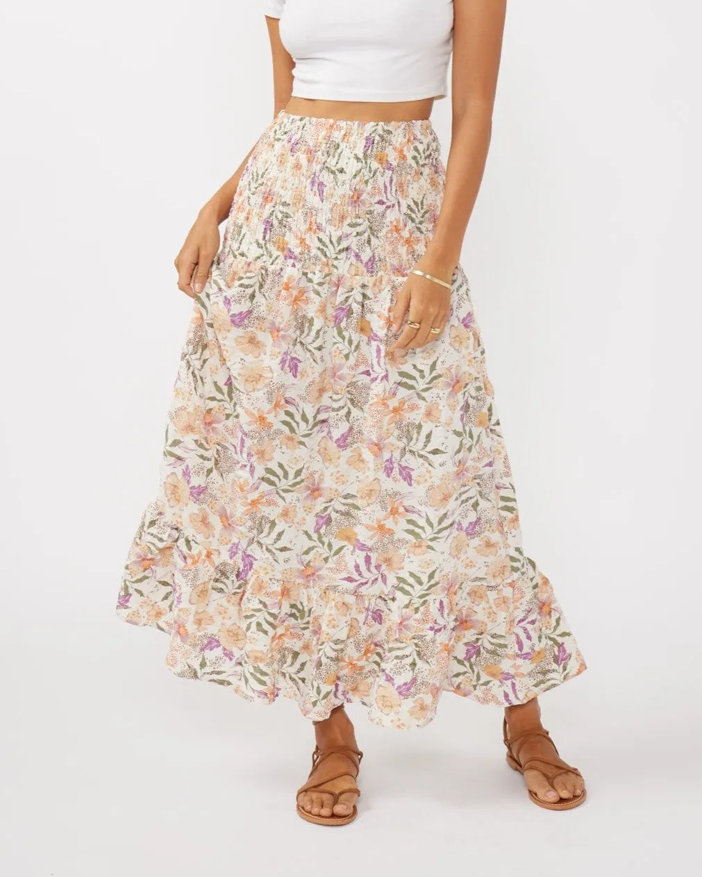 Convertible Floral Smocked Skirt - Cream/Dusty Lilac