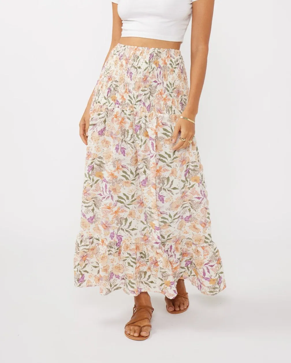 Convertible Floral Smocked Skirt - Cream/Dusty Lilac