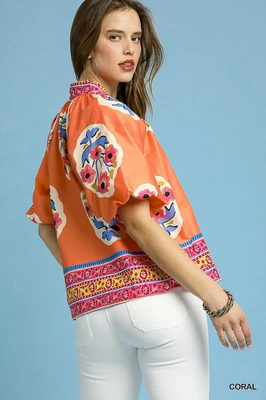 Coral Embroiderd Print Top