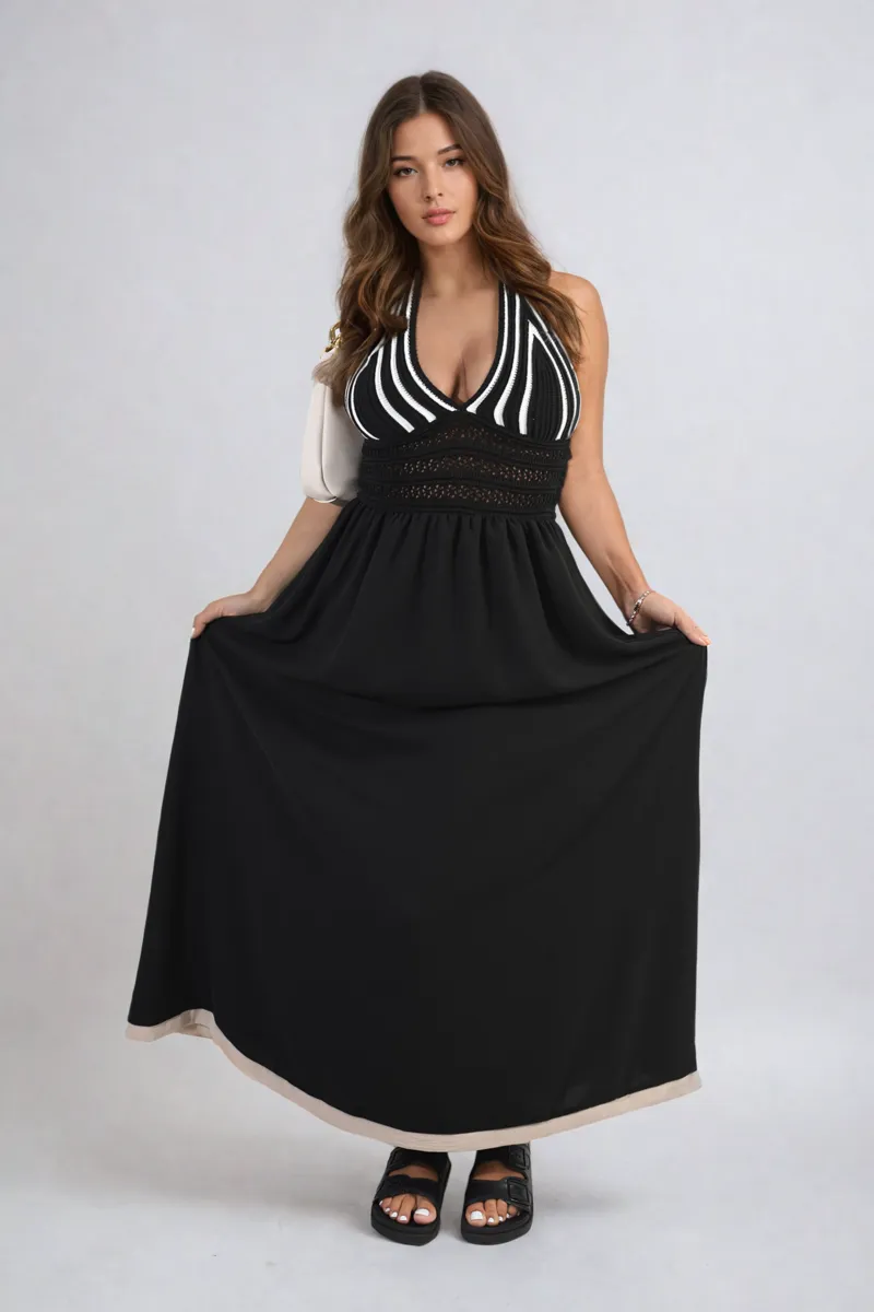 Crochet V-Neck Halter Backless Maxi Dress