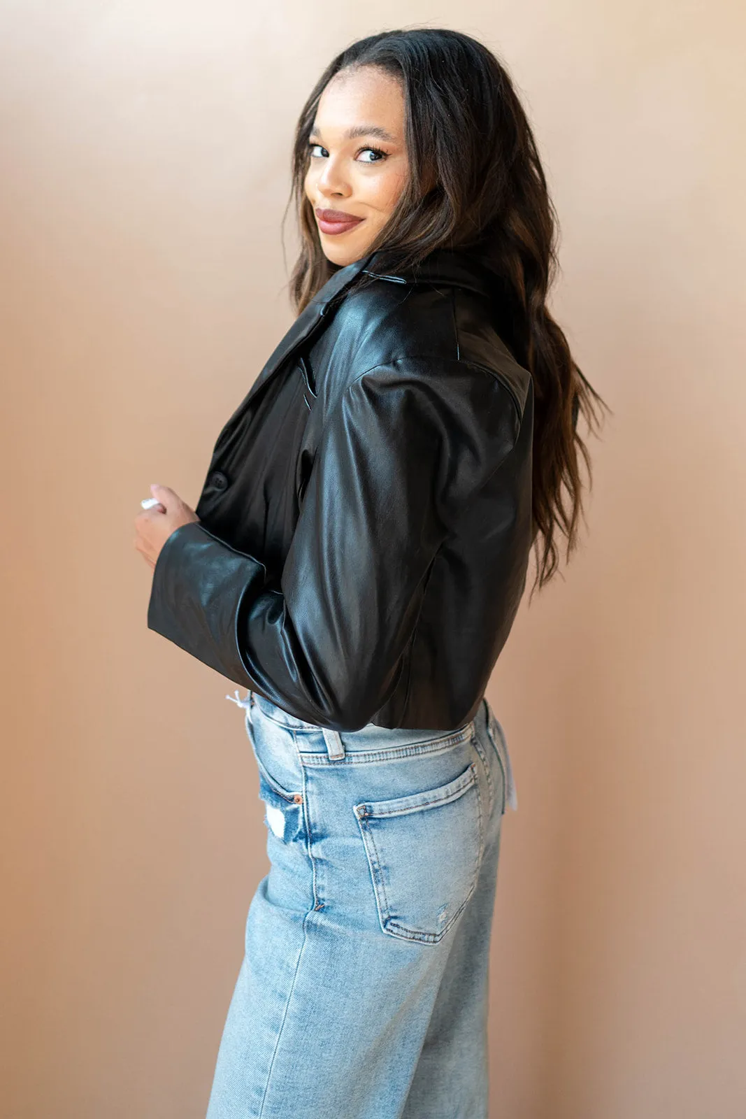 cropped vegan leather blazer