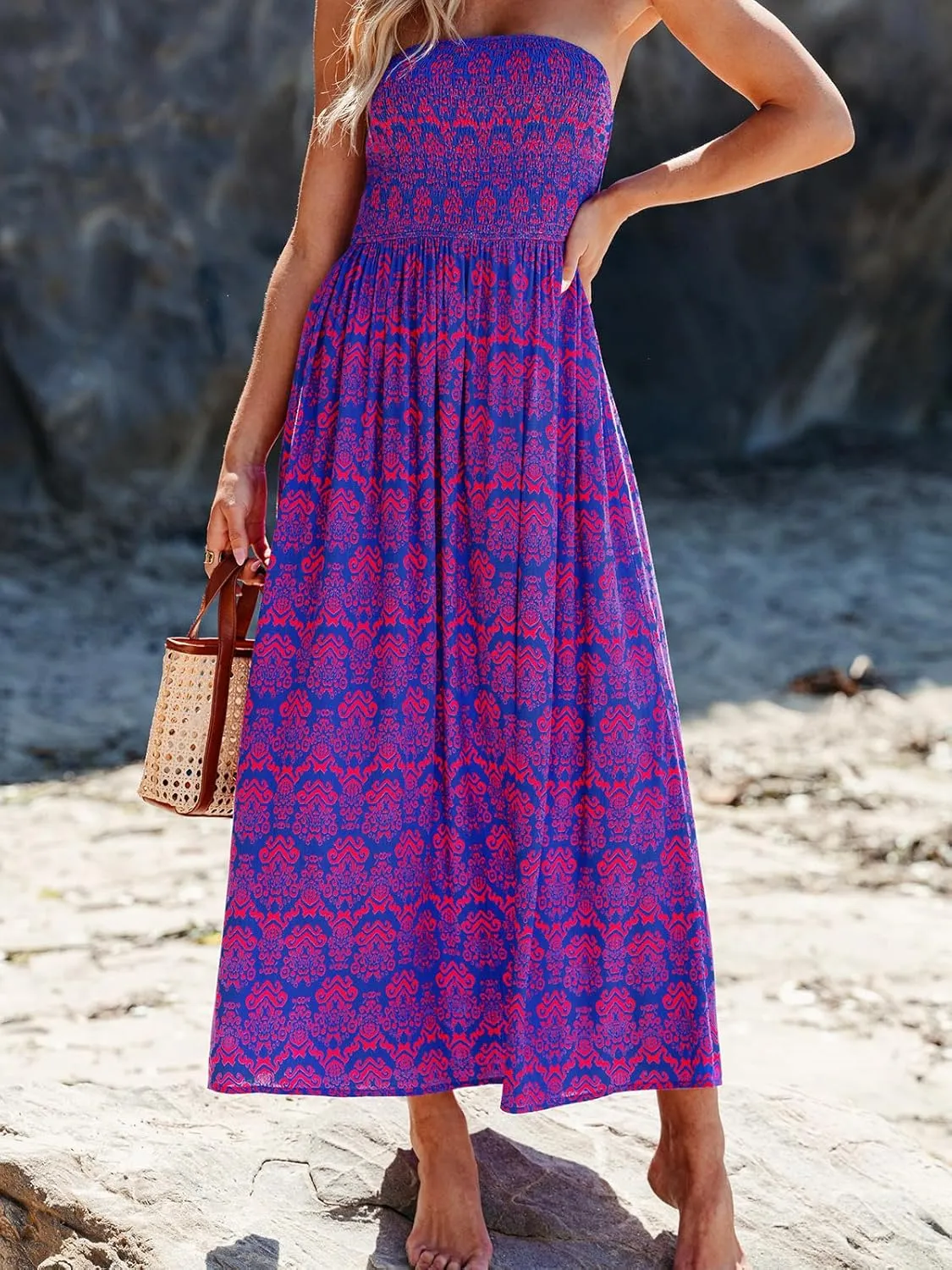 CUPSHE Women's Tube Beach Dress Boho Straight Neck Strapless Smocked Bodice Maxi Casual Summer Dresses