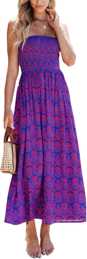 CUPSHE Women's Tube Beach Dress Boho Straight Neck Strapless Smocked Bodice Maxi Casual Summer Dresses