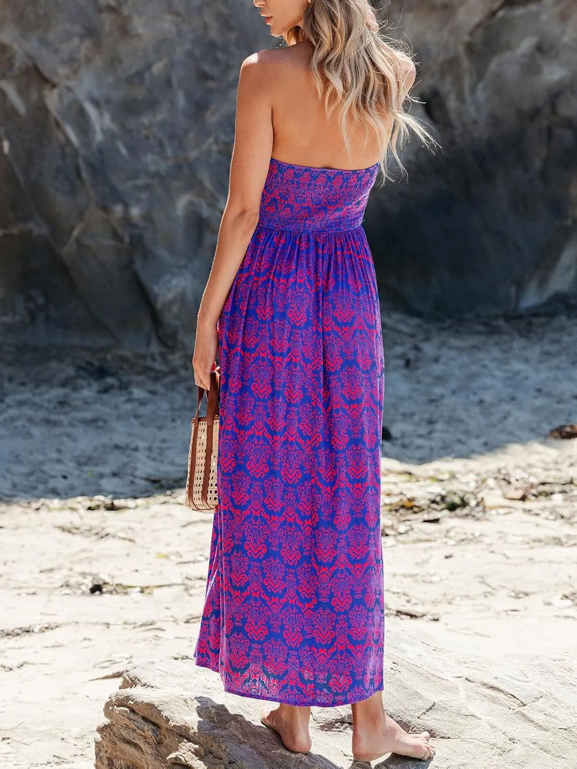 CUPSHE Women's Tube Beach Dress Boho Straight Neck Strapless Smocked Bodice Maxi Casual Summer Dresses