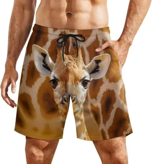 Cute Giraffe Casual Beach Shorts for Men Elastic Waist Drawstring Swim Shorts With Compression Liner