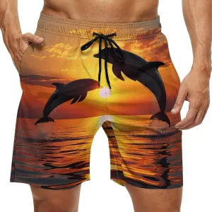 Dolphin Sunset Men's Swim Trunks Quick Dry Board Shorts Breathable Summer Beach Shorts Bathing Suits