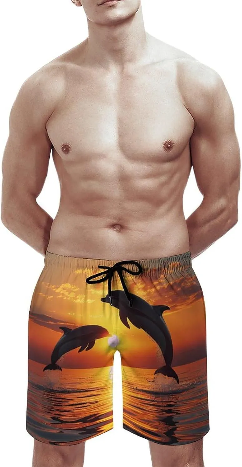 Dolphin Sunset Men's Swim Trunks Quick Dry Board Shorts Breathable Summer Beach Shorts Bathing Suits