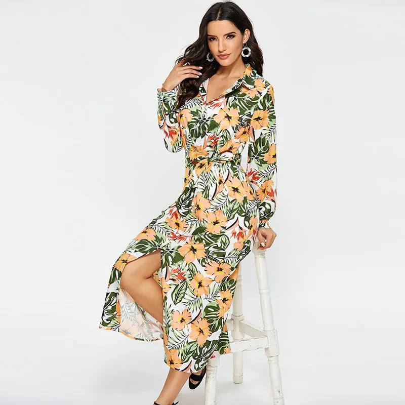 Dress Women Vintage Floral Print Casual Turn Down