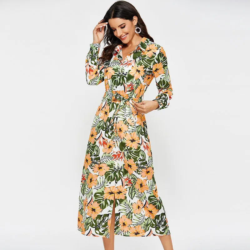 Dress Women Vintage Floral Print Casual Turn Down